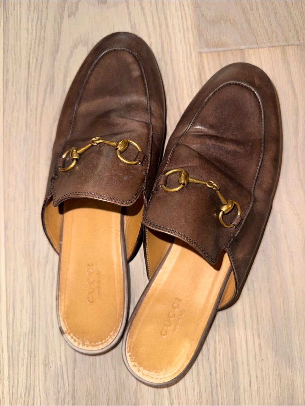 Gucci Brown Leather Horsebit Backless Loafers